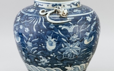 UNUSUAL CHINESE WHITE-ON-BLUE PORCELAIN JAR In inverted pear form, with qilong dragons at shoulder and decoration of mandarin ducks...