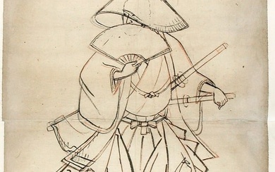 UTAGAWA school (attr. to): Samurai hiding his face under a straw hat