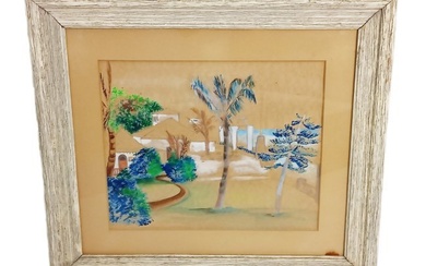 Unsigned Watercolor and Gouache Landscape Painting Wood Frame