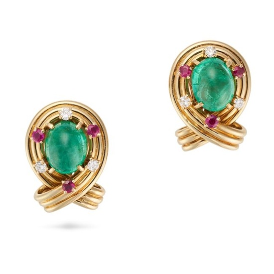 VAN CLEEF & ARPELS, A PAIR OF EMERALD, RUBY AND DIAMOND CLIP EARRINGS in 18ct yellow gold, each set
