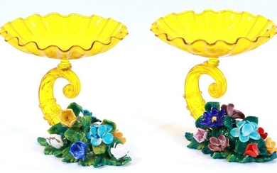 VENETIAN GLASS COMPOTES, PAIR, H 7.7" L 10" CHIPS