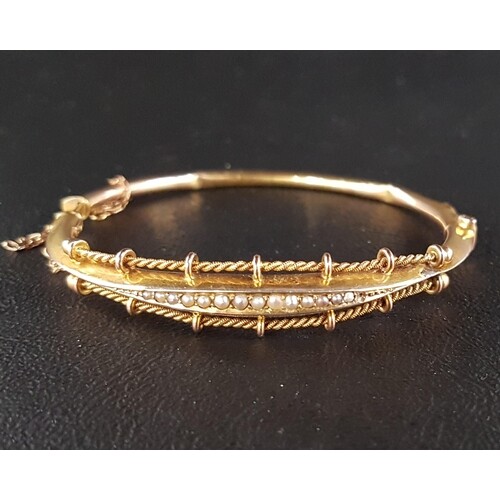 VICTORIAN SEED PEARL SET NINE CARAT GOLD BANGLE with rope tw...