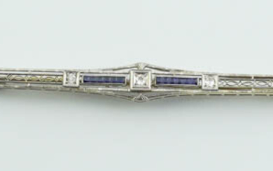 VINTAGE 14K WHITE GOLD ETCHED OPENWORK SAPPHIRE AND DIAMOND BAR...
