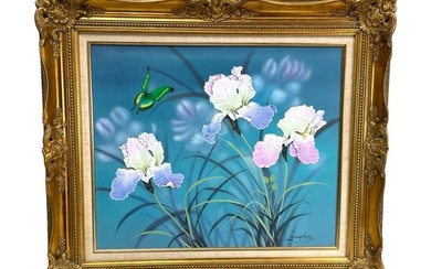 VINTAGE BUTTERFLY AND FLOWER PAINTING 32"