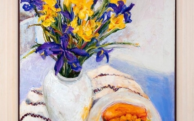 Val Landa (1940 - ) - A Yellow Mug, Vase of Flowers & Fruit Plate 66 x 55 cm (frame: 80 x 69 x 3 cm)