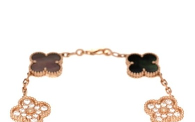 Van Cleef & Arpels 18K Rose Gold Diamond Gray Mother of Pearl 5 Motifs Vintage Alhambra Bracelet