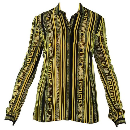Versace Greek Key Printed 100% Silk Button Up Shirt