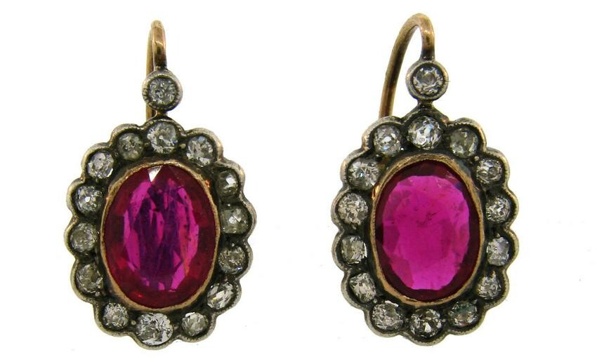 Victorian Ruby Diamond Silver Gold Drop Stud Cluster