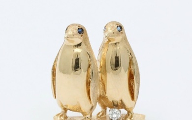 Vintage 14K Gold, Diamond, and Sapphire Pair of Penguins Brooch,...