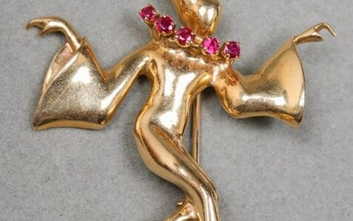 Vintage 14K Yellow Gold & Ruby Jester Brooch