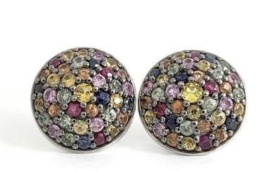 Vintage 1950's Multicolored Gemstone Round Button Stud Earrings Silver, 5.46 Gr