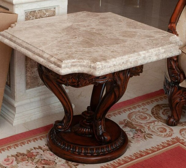 Vintage Baroque Style Carved Wood & Marble Table