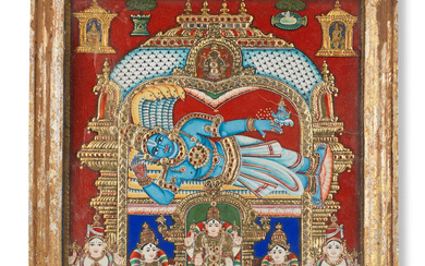 Vishnu reclining on the serpent Shesha, with Vishnu as Varadaraja...
