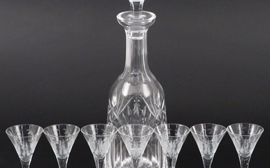 Waterford "Ashling" Glass Decanter with Leaf Motif Glass Cordial Glasses