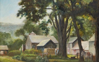 William Dean Fausett, American 1913-1998 - Farm Yard; oil on board, signed lower left 'D. Fausett', titled to label attached to the frame, 35.5 x 40.5 cm Provenance: Vermont Auction, 1981; The Geoffrey and Fay Elliot Collection, purchased from the...