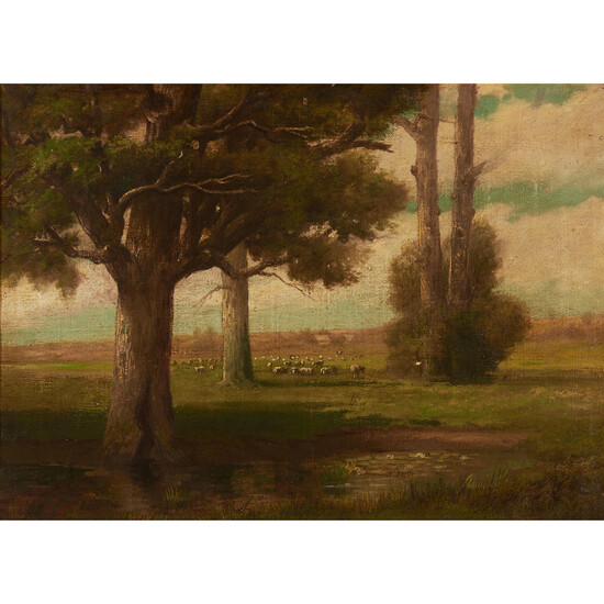 William Morris Hunt (American, 1824-1879) Landscape with Majestic Trees and Distant Grazing Flock 16 x 22 in. (40.5 x 55.5 cm) framed 19 1/2 x 25 1/2 in.