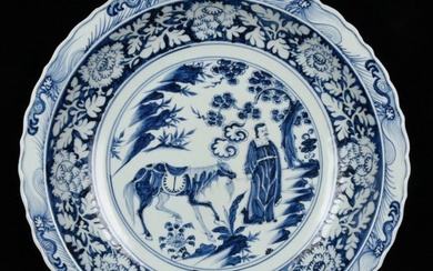 Yuan Dynasty blue and white diamond-shaped plate with a tangled pattern of Han Xin and his stories