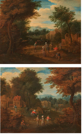 Zwei Gemälde: Waldlandschaften mit Personen