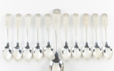 I. H Cary & Co Coin Silver Teaspoons and Serving Spoons, Mid 19th Century