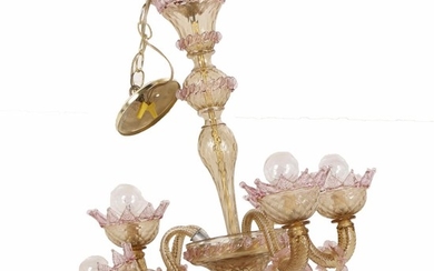 Venetian Style Blown Art Glass Pink and Amber Chandelier