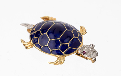 14 kt gold diamond-ruby brooch "tortoise" , YG/WG 585/000, head...