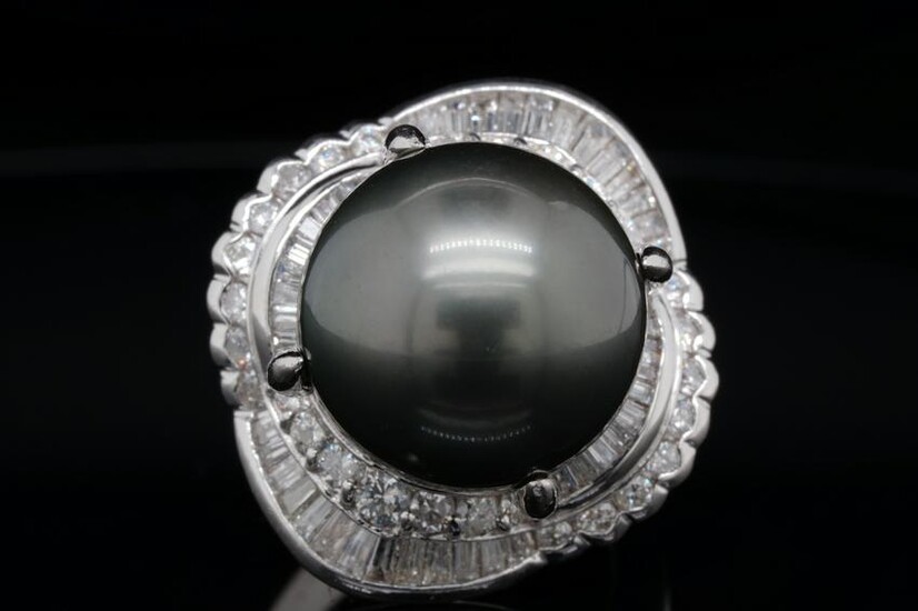 14.8mm Tahitian Pearl, 1.40ctw Diamond Platinum Ring