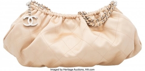 16080: Chanel Champagne Quilted Satin Small Shoulder Ba