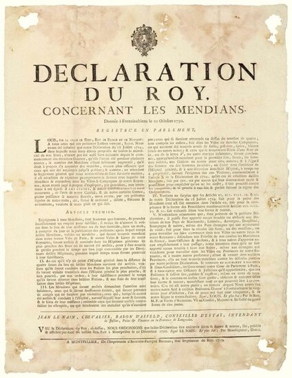 1750. LANGUEDOC. BANISHMENT OF BEGGARS. "Declaration of the KING (Louis XV), concerning Beggars.". Given in FONTAINEBLEAU (77) on October 20, 1750 - in 5 Articles: "1°) Let us enjoin all Beggars, both men and women, to take a job incessantly to...