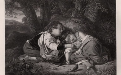 1800s John PEELE SIGNED Engraving Children Sleeping the Forest FRAMED
