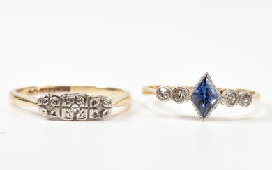 18CT GOLD SAPPHIRE & DIAMOND RING & 9CT GOLD & PLATINUM DIAMOND RING