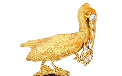 18K Yellow gold Pelican & Fish Diamond Sapphire Brooch Pin