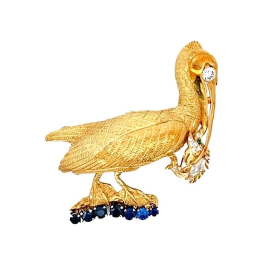 18K Yellow gold Pelican & Fish Diamond Sapphire Brooch Pin