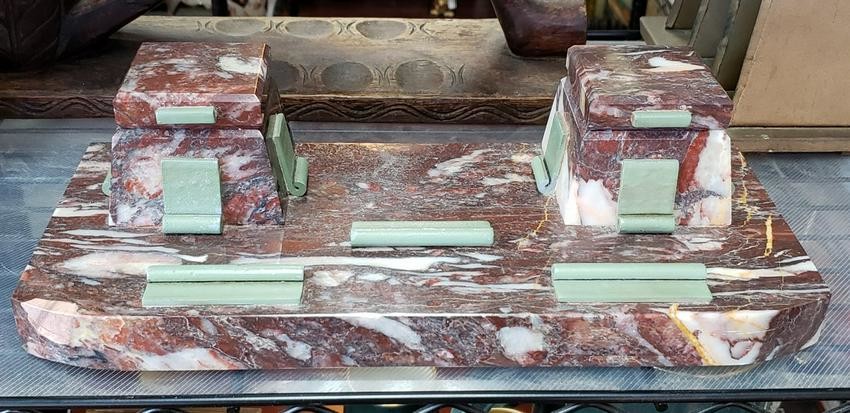 1920's French Art Deco Red/White Marble Double Inkwell