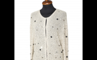 KRIZIA Taupe coat embroidered with transparent bugle beads, silver...