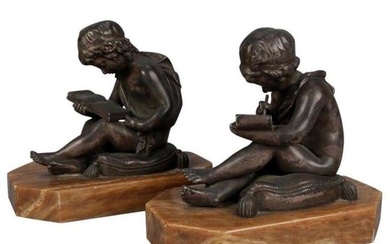 19th C. Bronze & Marble Figural Bookends after Lemire