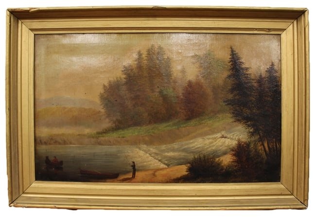 19th Century Folk Art Oil Landscape Painting of Fisherman