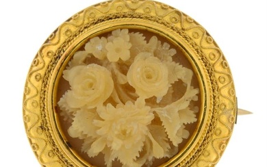 19th c. gold carved horn floral brooch