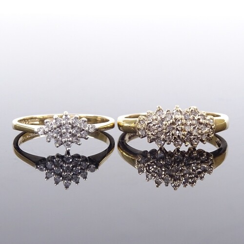 2 9ct gold diamond cluster dress rings, largest total diamon...