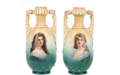 2 Jugendstil-Vasen, Keramik, frontseitig Porträtmalerei, 1x am Rand best., H. 30 cm