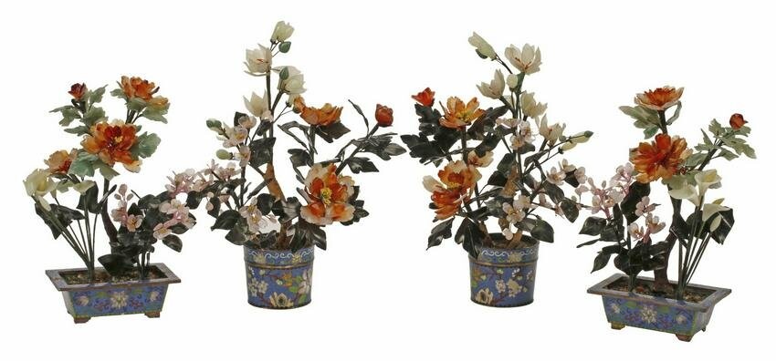 (2 PR) CHINESE JADE TREES ON CLOISONNE BASES