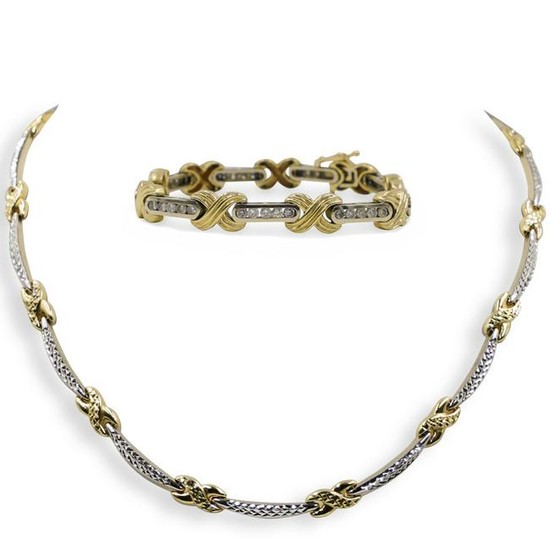 (2 Pc) 14K Gold Necklace & Diamond Bracelet Set