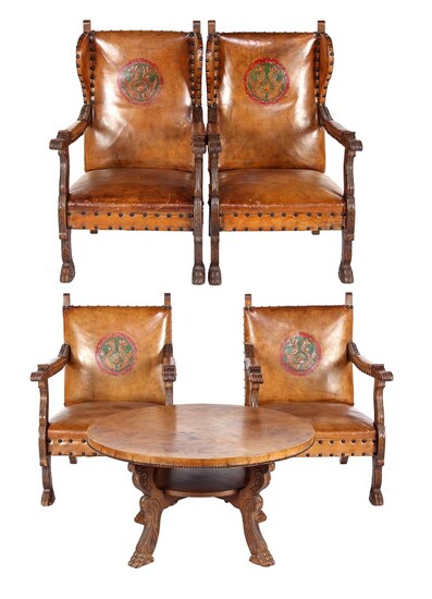 (-), 2 low back armchairs with decorated frame...