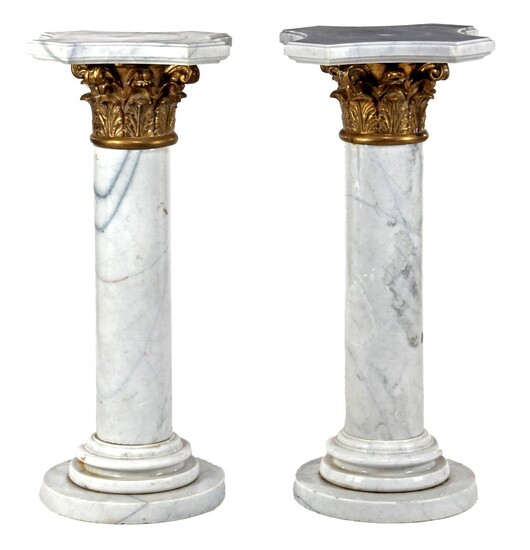 (-), 2 classic white marble pedestals with bronze...