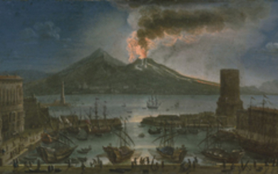 Juan Ruiz (active Naples, 18th century), A nocturnal view of the Arsenal of Naples, Mount Vesuvius beyond