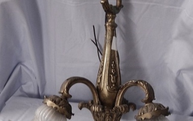 3-armed art nouveau ceiling lamp with floral decorated brass mount...
