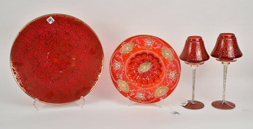 4 Red Murano Glass Articles with Gilt Decoration