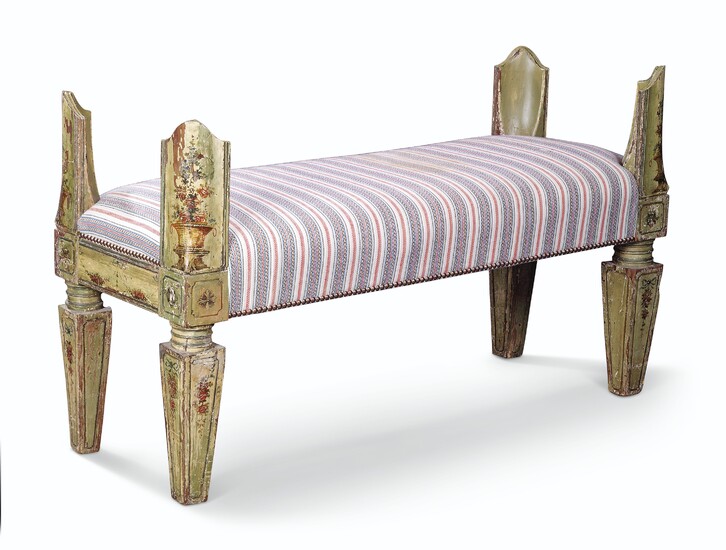 A NORTH ITALIAN GREEN AND POLYCHROME-DECORATED BENCH, LATE 18TH CENTURY, REDUCED IN SIZE, UPHOLSTERED BY ROBERT KIME LTD.
