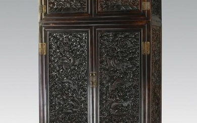 Chinese two-tier carved dragon rosewood cabinet, 89"h