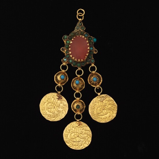 Antique Middle Eastern Gold Pendant with Turquoise and Carnelian