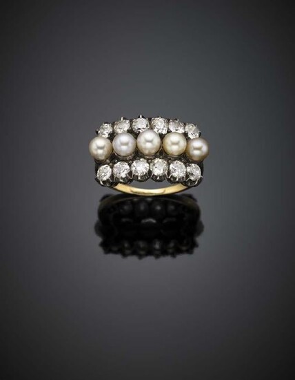 Old mine diamond and five mm4.5/5 pearl, silver and